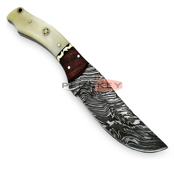 Damascus Steel Knife Bison Bone  And Hardwood Handle